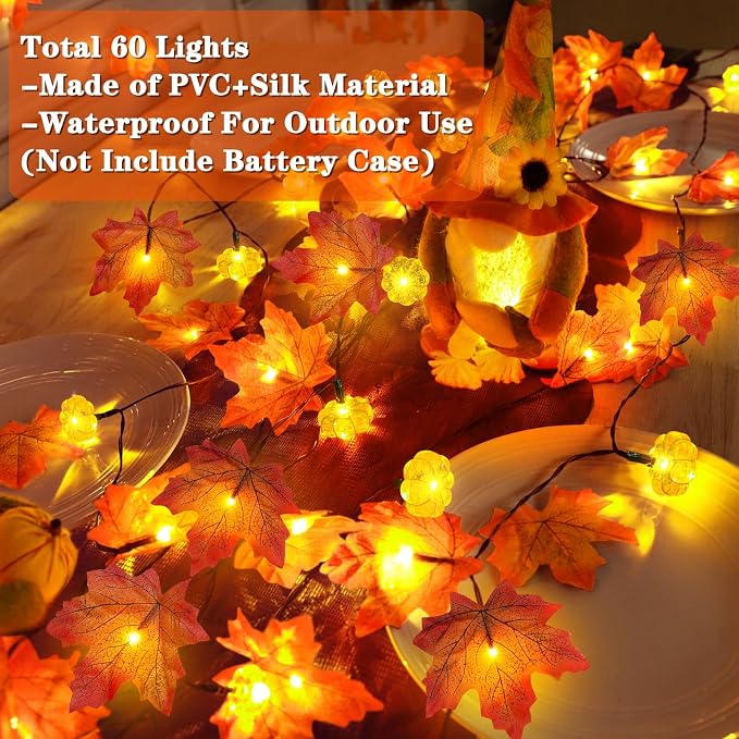 Timer&3 Pack Fall Decor Fall Garland with Pumpkin Lights 30Ft 60LED | Patented Realistic Maple Leaves Pumpkin Garland Battery Operated Fall Halloween Thanksgiving Decorations for Home Outdoor
