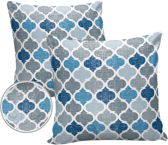 Morocco Outdoor Pillow Shams Set of 2, Decorative Pillowcases Cushion Case, Soft Throw Pillow Covers Waterproof Pillow Case 18x18 Inch, Blue Grey Geometry Retro