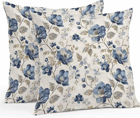 Blue Gray Waterproof Outdoor Pillow Covers 16''x16'' Set of 2, Vintage Botanical Patio Furniture Spring Florals Cushion Covers for Chairs, Decorative Farmhouse Pillow Cases for Garden/Pool/Beach