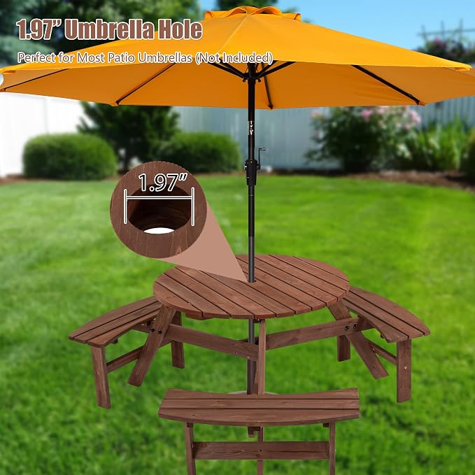 35.43'' Round Outdoor Dining Table Wooden Patio Dining Table & 3 Curved Built-in Bench for 6, 2" Umbrella Hole, Suitable for Backyard Garden Porch, Brown