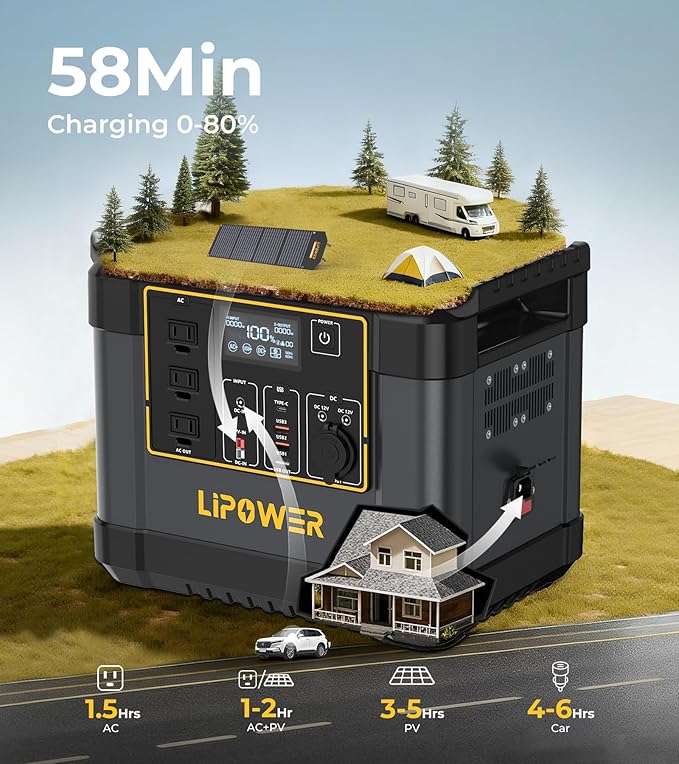 Lipower Portable Power Station with 200W Solar Panel,1200W(2000W Peak) Solar Generator,1075Wh LiFePO4 Battery,Plug & Play Battery Backup,IP68 Waterproof ETFE Portable Solar Panels for Camping