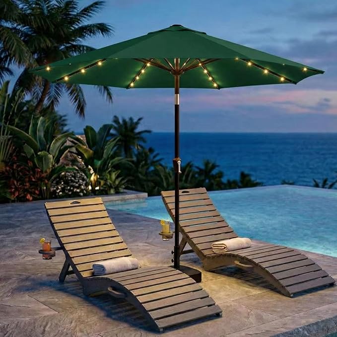 Kingdura 10FT Outdoor Patio Umbrella with Solar Lights, Market Table Umbrella with Push Button Tilt & Crank, 8 Sturdy Ribs, 32 LED Lights, UV Protection for Garden Lawn Deck Backyard Pool (Dark green)