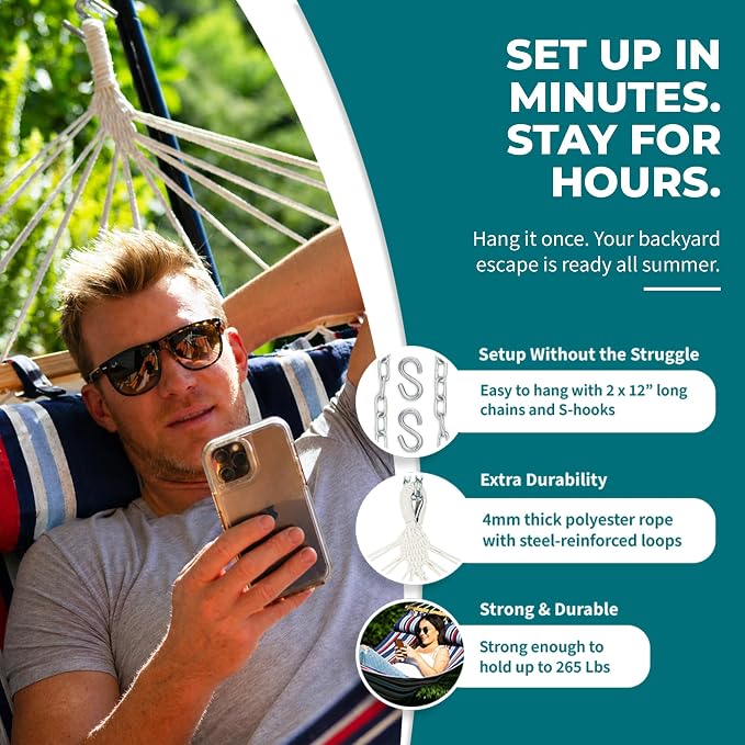 Bliss Hammocks BH-404C 48in Wide Caribbean Hammock w/Pillow, Outdoor Poolside Patio Backyard Hammock, Includes Velcro Straps & Chains, Eco Friendly Polyester & Cotton Blend, 265lb Capacity, Patriot