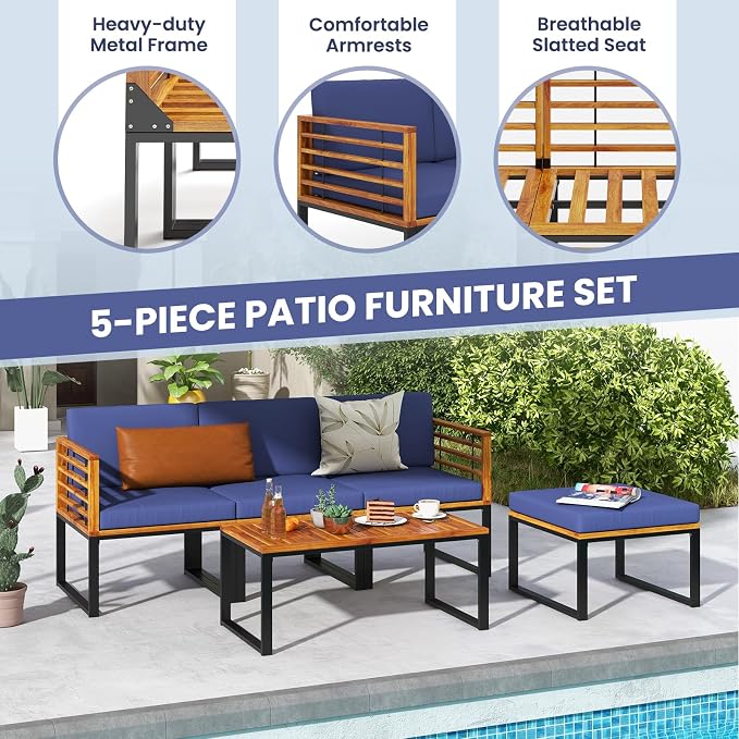 Tangkula 5 Pieces Patio Conversation Set, Acacia Wood Chair Set with Ottoman & Coffee Table, Comfy Seat & Back Cushions, Outdoor Wood Furniture Set for Backyard, Poolside, Garden