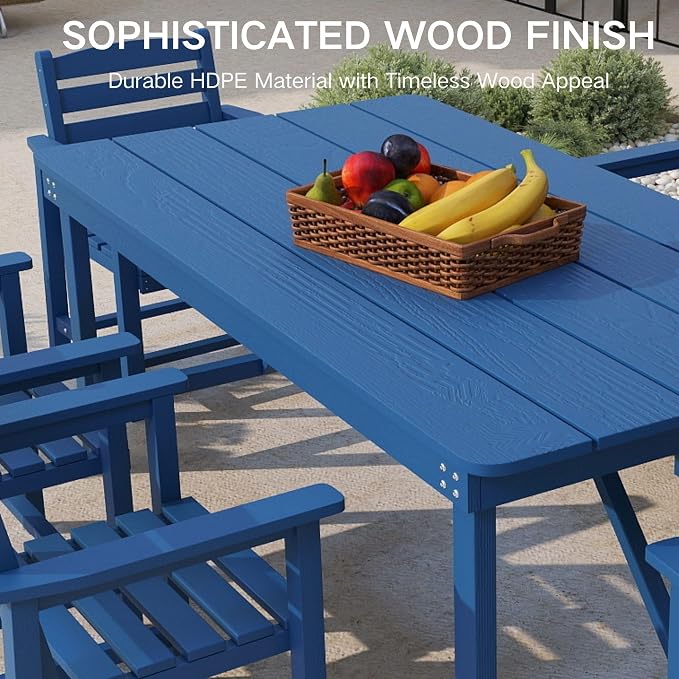 Kingdura 7 Piece Patio Dining Set for 6, HDPE Outdoor Table & Chairs with Umbrella Hole, All-Weather Outdoor Furniture Patio Conversation Set for Lawn Pool Backyard, Navy Blue