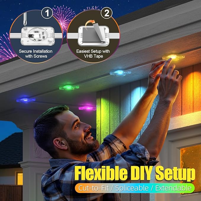 Permanent Outdoor Lights, 200ft RGB+IC Smart LED Eaves Lights for House | Outdoor String Lights with App/Remote, IP67 Waterproof Led Lights for Daily, Christmas, Halloween, Holiday, Party Decor