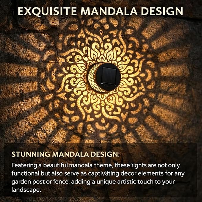 Decorative Solar Mandala Lights, 2026 New Mandala Solar Lights Outdoor, Mandala Theme Waterproof Fence Light, Shadow Projection Landscape Lighting for Backyard,Patio,Walkway,Lawn,Porch Decor (#D,2)
