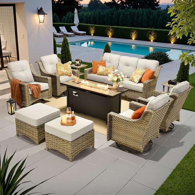 10 PCS Outdoor Patio Furniture Sets, Patio Conversation Sets Outside Rattan Soft Cushion Sofa with 4 Wicker Rocking Chairs & 54 in Fire Pit Table Fit Backyard Porch Garden Poolside Balcony,Light Grey