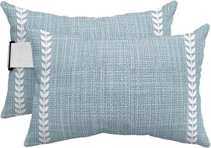 Simple Blue Outdoor Lumbar Pillows 11x16 Set of 2, Vintage Country Vertical Striped Linen Texture Waterproof Throw Pillow Covers with Insert, Decorative Pillowcase Cushion for Couch Sofa Bed