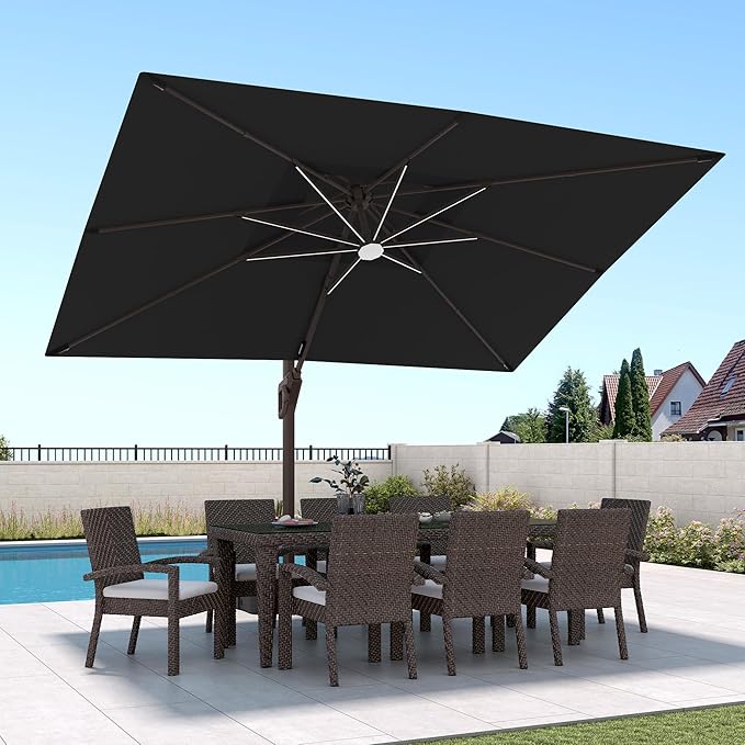 9 X 12 FT Cantilever Patio Umbrella with Led Lights and Base Included Outdoor Heavy Duty Double Top Rectangle Offset Umbrellas with 360-degree Rotation for Pool Deck Backyard, Black