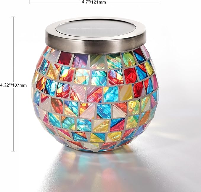 Cooo 2 Pack Gift for her him Landscape Lighting Path Lights Heavy Solar Mosaic Lantern with RGB Color-Changing Light – Dual Solar Panels, Red Amber Glass Tiles, Waterproof Outdoor