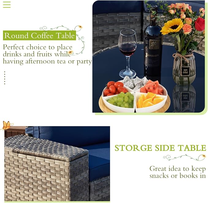 ECOTOUGE 7 Piece Outdoor Half Moon Furniture, Wicker Patio Sectional Conversation Set with 2 Storage Armrests and Circle Glass Table, Gray Rattan Curved Sofa for Garden, Balcony and Back Yard (Blue)