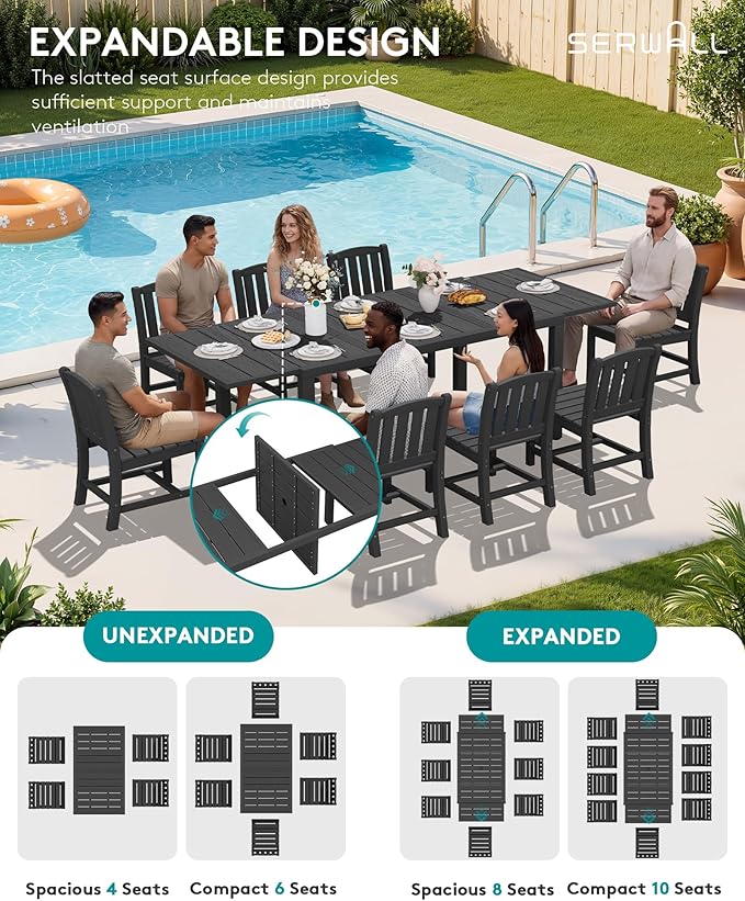 SERWALL Outdoor Patio Dining Set for 8, Black | 60" - 83" Expandable Outdoor Dining Table and 8 HDPE Chairs, All Weather Material Outdoor Furniture Set Backyard, Garden