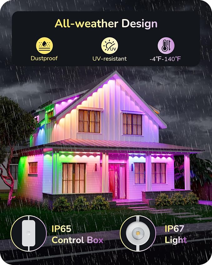 EDISHINE 60FT IP67 Waterproof Smart Outdoor Permanent Lights, RGBW | Voice/App/Remote Control, 50 Scene Modes, 2200K & 8000K, 50LM Each, LED Lights for Daily and Accent Lighting