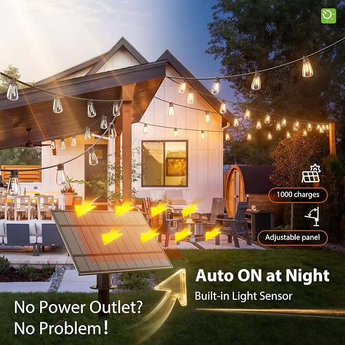 KYY 54(48+6) FT Solar String Lights Outdoor with USB Port Remote | Waterproof and Shatterproof Patio with Solar Powered Panel, LED Vintage Edison Bulbs, Heavy-Duty and UL Listed Market Lights