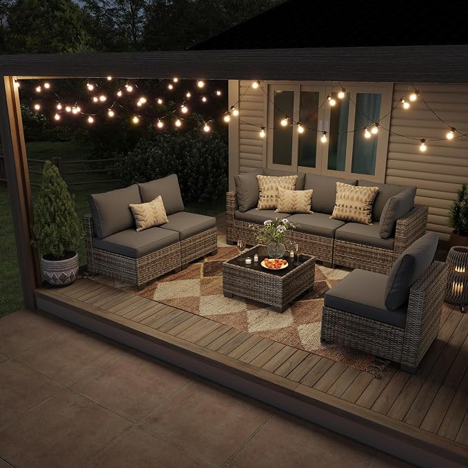7 Pieces Outdoor Patio Furniture Set, All-Weather Sectional Sofa | Dark Grey Wicker Conversation Set with Glass Table and Cushions | PE Rattan Weaving | Ideal for Patio, Pool, Balcony