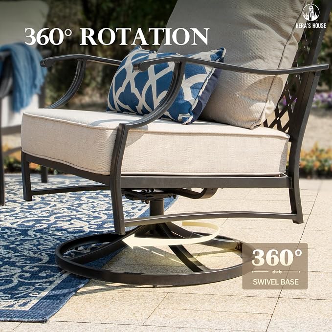 HERA'S HOUSE 5 Pieces Fire Pit Patio Furniture Set, 4 x Thick Cushioned Swivel Chairs with 28" Fire Pit Table (50,000 BTU), Outdoor Conversation Set for Garden, Backyard, Lawn