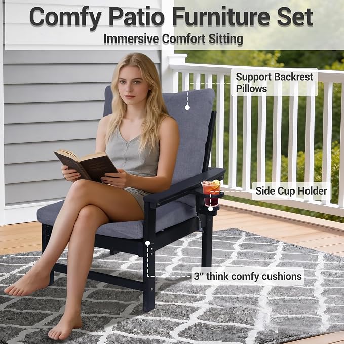 5-Piece HDPE Patio Conversation Set w/ 4 Cup Holders, All-Weather Outdoor Sectional Furniture, Thick Washable Cushions, Coffee Table & Side Table for Backyard Porch Poolside, Black