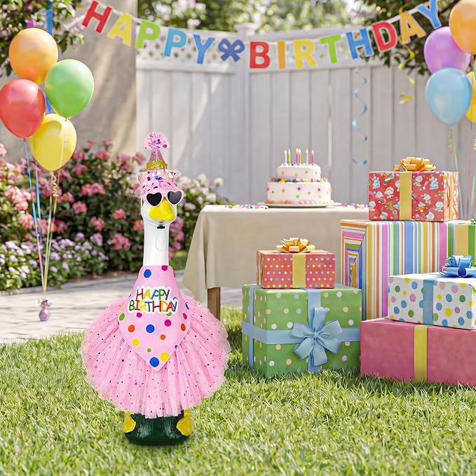 Porch Goose Birthday Outfit, Happy Birthday Goose Outfit Lawn Geese Clothes for 17/23" Cement Geese Statue for Patio (Pink)