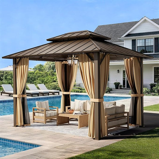 PAMAPIC 10x12FT Hardtop Gazebo,Galvanized Steel Double Roof with Aluminum Frame,Outdoor Permanent Pavilion with Breathable Netting & Privacy Curtain for Patio,Backyard,Deck,Lawn,Brown