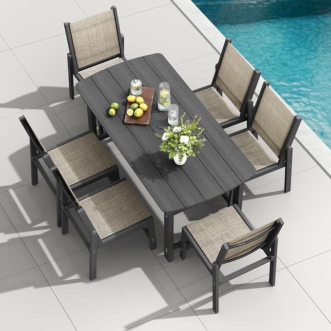 HDPE Outdoor Patio Dining Set with Table & 6 Stackable Armless Textilene Chairs, All-Weather 7-Piece Dining Table Set with Umbrella Hole, Patio Furniture for Garden, Poolside, Backyard, Deck | Grey
