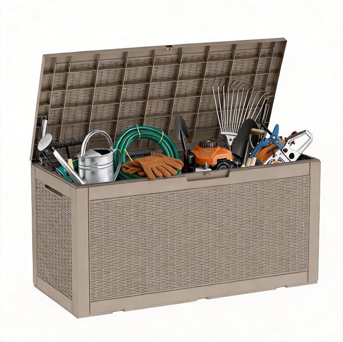 Vixzen 121 Gallon Waterproof Large Deck Box, Lockable Resin Outdoor Storage Box with Hydraulic Lid, Durable Storage Bin for Patio Furniture Cushions, Garden Tools, Pool Accessories, Grey