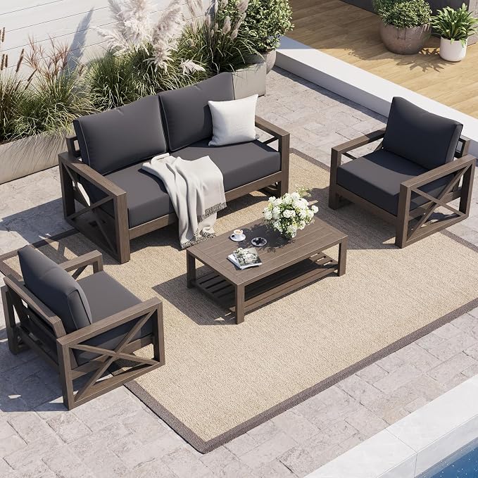 UDPATIO Aluminum Patio Furniture Set, Faux Wood Grain Modern Outdoor Furniture, 6" Cushions Metal Patio Conversation Sofa with Coffee Table for Poolside Deck, 5 PCS, Dark Grey(Include 600D Covers)