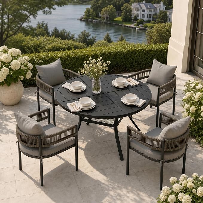 VICLLAX Patio Dining Set, 40.7" Black Table & 4 Chairs with Grey Cushion | Outdoor Table and Chairs Set of Round Metal Patio Table, Outdoor Dining Chairs with Metal Frame, Garden Deck Porch