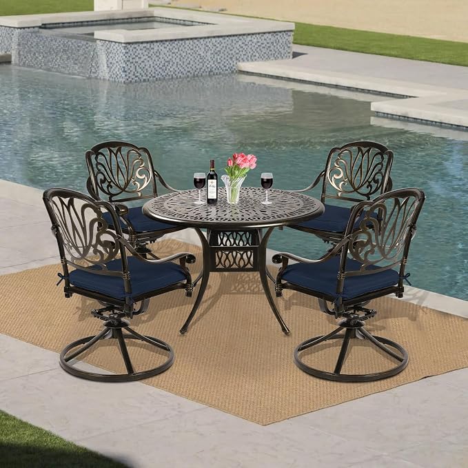 VIVIJASON 5-Piece Outdoor Patio Dining Set, All-Weather Cast Aluminum Conversation Set, Patio Furniture Set, Include 4 Swivel Dining Chairs, a 35.4" Round Table w/Umbrella Hole, Navy Blue Cushion