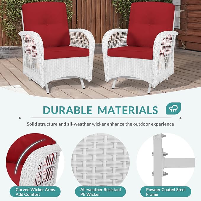 MEETWARM Patio Wicker Rocking Glider Set, All-Weather Outdoor Rattan Patio Rocking Chairs of 2, Patio Conversation Set with Thickened Cushions for Porch Garden & Backyard, White Wicker/Red