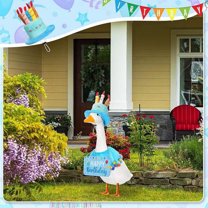 Happy Birthday Porch Goose Outfit Lawn Goose Cloth Costume for 23" Cement Plastic Patio Yard Statue Outdoor (Blue,Tutu Skirt)