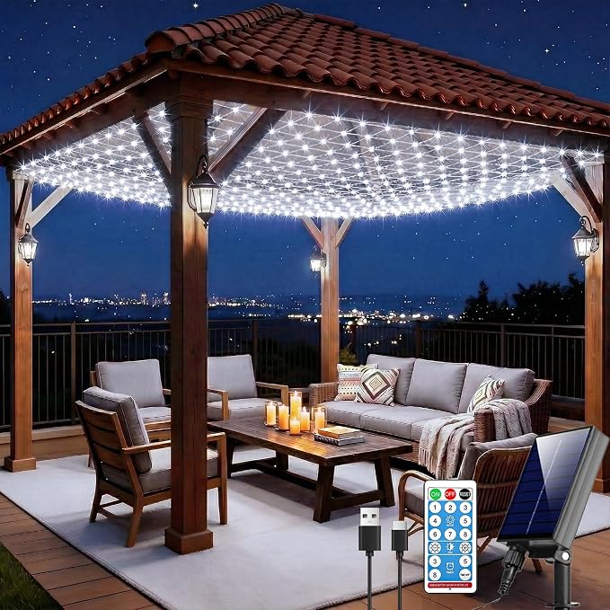 Pooqla Solar Net Lights, 10x10ft 280LED Gazebo Net Lights Outdoor with 8 Modes, Solar & USB Powered Waterproof String Lights Clear Wire, Chandelier for Pergolas, Patio, Bush, Backyard Decor Cool White