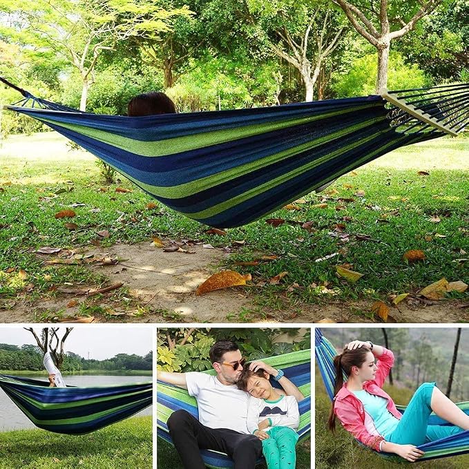 Brazilian Double Hammock 2 Person Canvas Cotton Hammock for Patio Porch Garden Backyard Lounging Outdoor,Indoor Blue/White Stripe Hammock