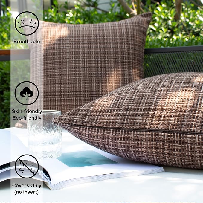 Kevin Textile Outdoor Waterproof 18x18 Inch Pillow Covers 2 Pack, Brown | Water Resistant, Faux Linen Yarn-dyed, Woven Texture Throw Pillow Covers for Tent Patio Garden Couch Sofa