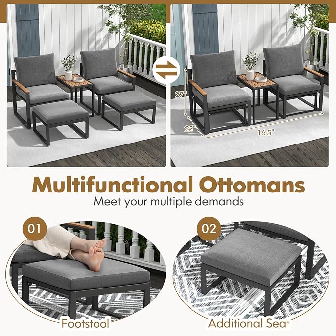 Tangkula 5 Pieces Patio Furniture Set, Aluminum Frame Weatherproof Outdoor Conversation Set with Soft Cushions, Space Saving Design, for Backyard, Poolside, Porch, Balcony