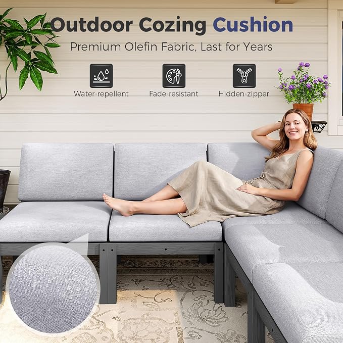 Outdoor Patio Chairs Set of 2, HIPS Modular Sectional Seatings & Thick Cushions– Side Interlock Easy to Connect, Weatherproof Patio Furniture Set for Backyard, Deck, Poolside (Grey)