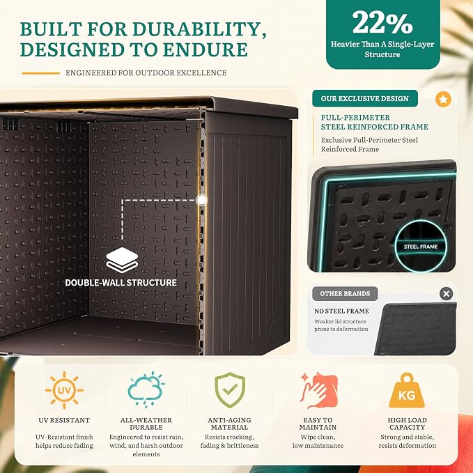 YITAHOME XXL 300 Gallon Extra Large Outdoor Deck Box, Lockable Resin Double-Wall Storage Box and Waterproof Patio Furniture Bin for Garden Tools & Pool Accessories, Brown