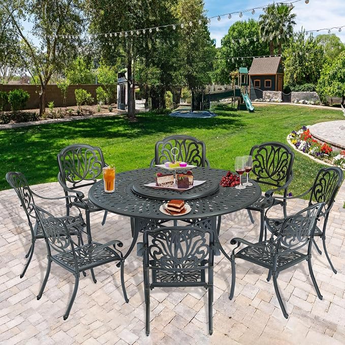 9-Piece Patio Cast Aluminum Dining Set, 8 Person Outdoor Dining Furniture Set, Includes 8 Chairs and 61" Large Round Dining Table with 31" Lazy Susan, Umbrella Hole for Lawn Deck Garden