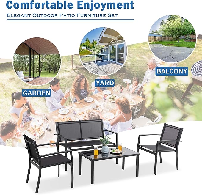 Vongrasig 4 Pieces Patio Furniture Sets, Outdoor Patio Conversation Sets with Glass Coffee Table for Garden, Backyard, Lawn, Poolside (Dark Grey)