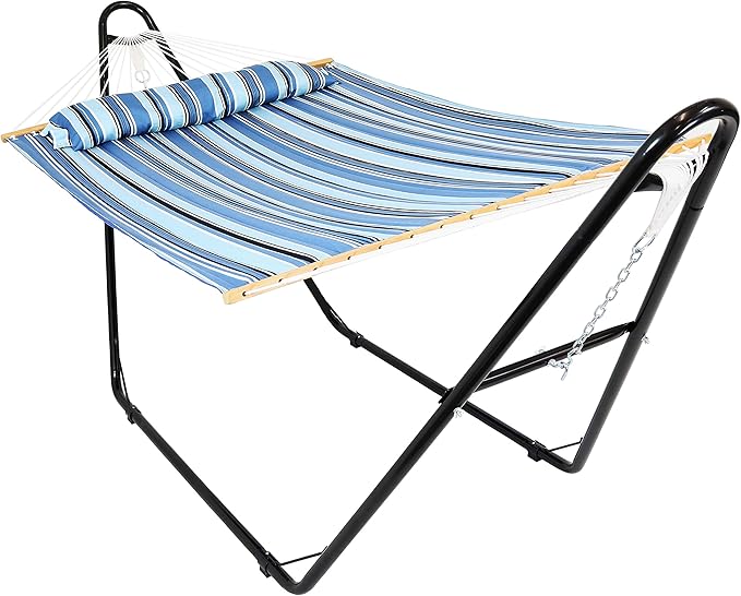 Sunnydaze Quilted Double Hammock with Stand for Outside - 440 lb Capacity Universal Black Steel Stand - UV Resistant, Quick Dry Fabric - Pillow, Chains, and Hardware Included - Misty Beach