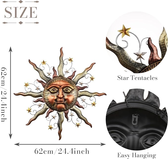 TERESA'S COLLECTIONS Sun Metal Wall Art for Outdoor Decor,25" Bronze Sun Face 3D Wall Decor for Garden Decor,Rustic Retro Hanging Sculpture for Outside Living Room Home Patio Farmhouse Gifts for Mom