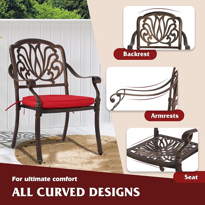 MAGIC UNION 9 Pieces Outdoor Dining Set, Cast Aluminum Retro Patio Dining Set Includes 87" Rectangular Dining Table with Umbrella Hole and 8 Stackable Dining Chairs with Cushions (Red)