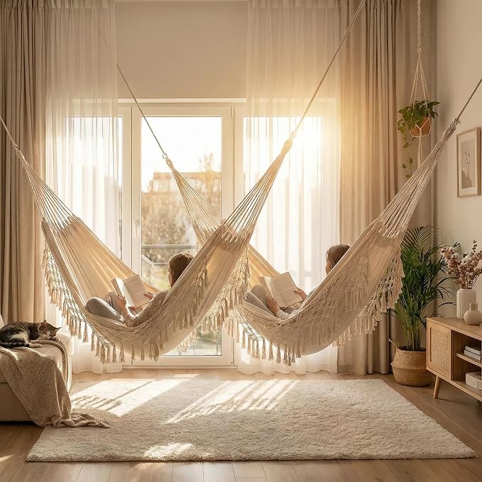 Outdoor Hammock Garden Cotton Hammock Macrame Fringe Hammocks Boho Balcony Hammocks with Handmade Tassels 2 Person Double Hamock 480lbs for Home,Backyard,Beach,Patio