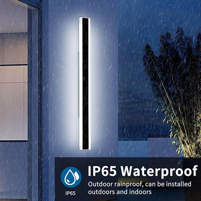 57inch Exterior Wall Light Fixture, 6000K Cold White, Modern Long Outdoor Wall Sconce, IP65 Waterproof, 50W, Black Minimalist Outside LED Strip Lights for Garage, Patio, Balcony, Fence
