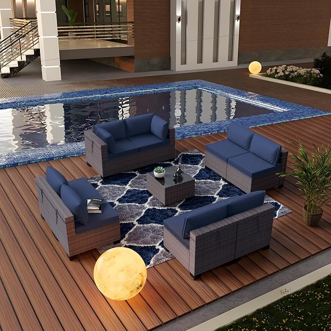 Kullavik 9 Pieces Outdoor Patio Furniture Set,Outdoor Sectional Rattan Sofa Set Brown PE Rattan Wicker Patio Conversation Set with Tempered Glass Coffee Table and Washable Cushions Covers,Navy Blue
