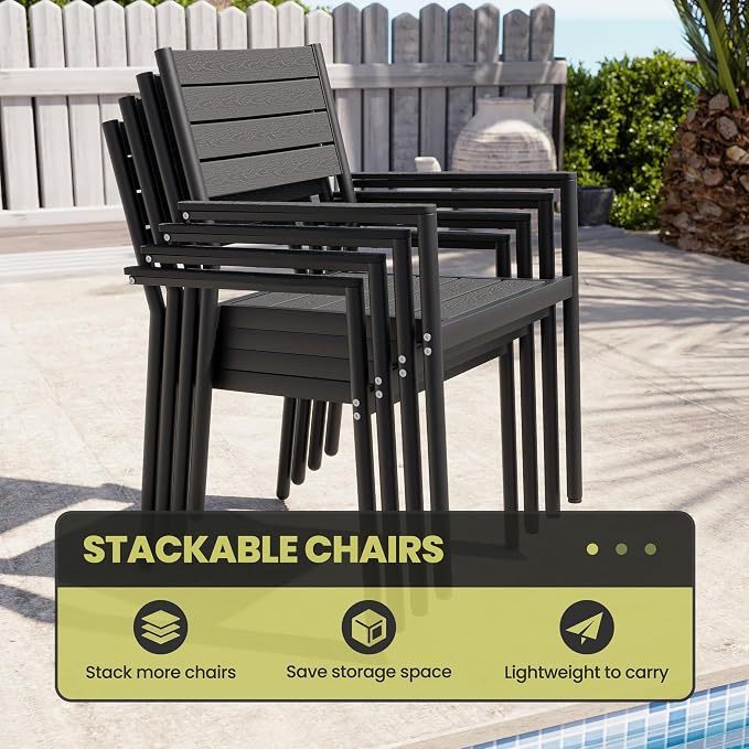 9-Piece Outdoor Dining Set, 56" Square Table and Stackable Arm Chairs | Aluminum Frame Umbrella Hole and All-Weather Wood Grain Patio Furniture for 8 for Garden, Patio, Backyard (Black)