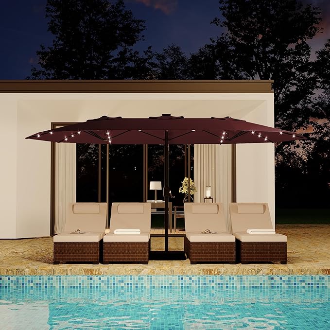 15FT Rectangular Patio Umbrella With Solar Lights & Base Included - Large Patio Umbrella With Crank Handle, UV Protection for Outdoor Market, Lawn, Backyard, Pool