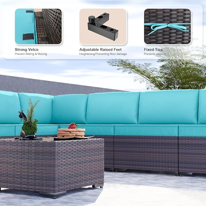 9 Pieces Outdoor Patio Furniture Set Brown Rattan Sectional Sofa with Manual Wicker, Cushions and Covers, Tempered Glass Tea Table Patio Conversation Set for Backyard Garden Lounge(Blue)
