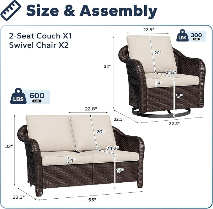 3 Pieces Patio Conversation Set, 55" Sofa with Washable Cushions, Wicker 360 Degree Swivel Glider Rocker Chairs, Wicker 2-Seat Couch for Garden, Lawn (Beige)