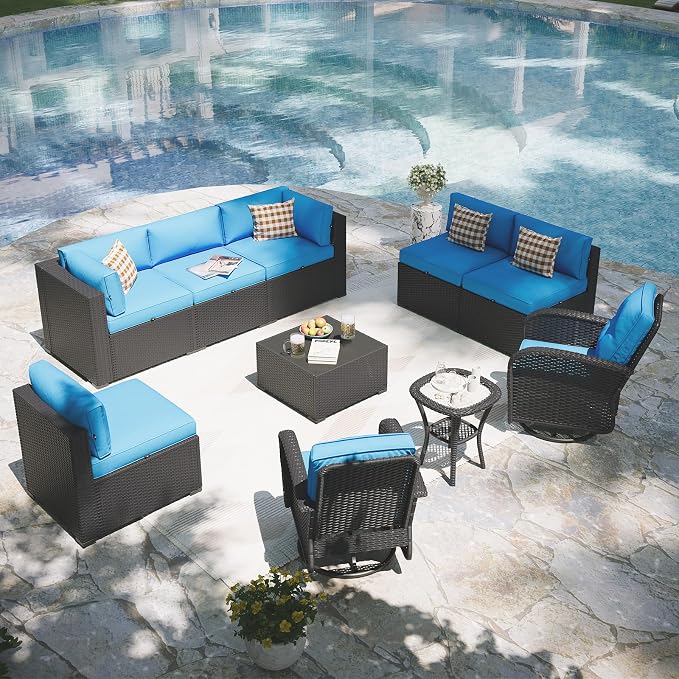 Aoxun Patio Furniture Set with Swivel Rocker Chairs, 10 Piece Outdoor Sectional Sofas, Wicker Rattan Outdoor Furniture with Thickened Cushion for Backyard, Garden Peacock Blue